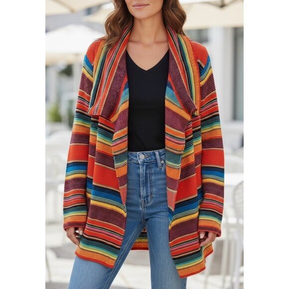Boho Southwest Serape Stripe Open Front Cardigan Sweater Cozy Knit Size Large - Picture 1 of 9
